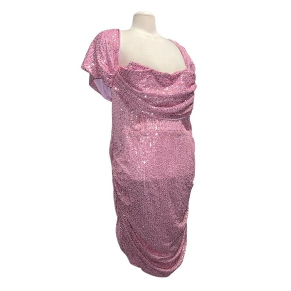 Pretty Little Thing Pink Sequin Ruched Mini Dress Open Back Sz 22 Womens - Picture 3 of 16